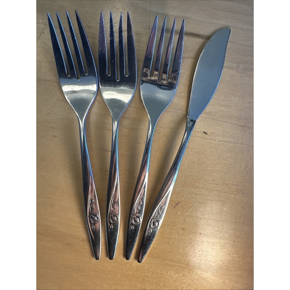 Oneidacraft Deluxe Lasting Rose‎ Stainless Salad 3 Forks Flatware 1 Butter Knife